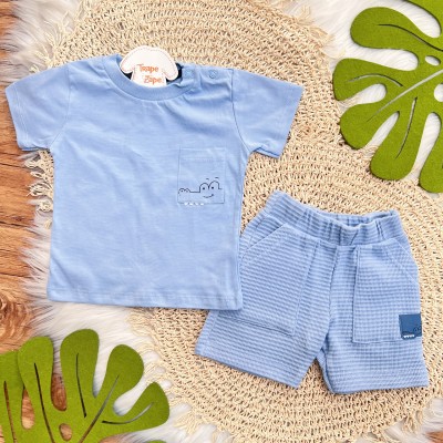 Conj. Camiseta Jacaré no Bolso e Bermuda - Azul